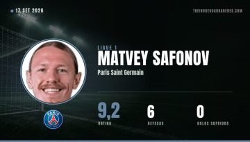 Matvey Safonov, guarda-redes do Paris Saint Germain, rating 9,2, 6 defesas