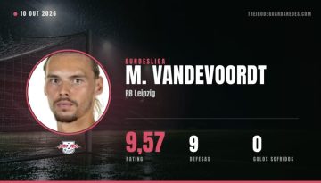 M. Vandevoordt, guarda-redes do RB Leipzig, rating 9,57, 9 defesas